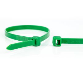 Een groene kunststof kabelbinder voor universeel gebruik, en een groene kabelbinderkop, op een witte achtergrond.