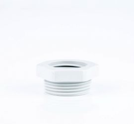 Een lichtgrijze Jacob kunststof reduceerring, met metrisch schroefdraad, op een witte achtergrond.