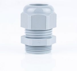 Een zilvergrijze Jacob kunststof kabelwartel, met metrisch schroefdraad, op een witte achtergrond.