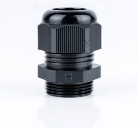 Een zwarte Jacob kunststof kabelwartel, met metrisch schroefdraad, op een witte achtergrond.