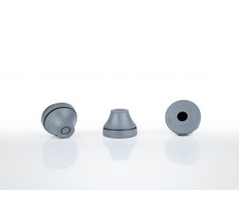 Drie zilvergrijze Jacob tules, met metrisch schroefdraad, van drie kanten afgebeeld.