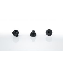 Drie zwarte Jacob tules, met metrisch schroefdraad, van drie kanten afgebeeld.