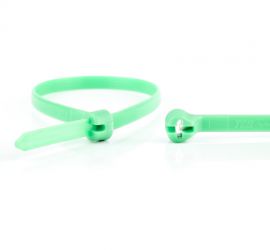 Een groene Ty-Rap® kunststof kabelbinder, naast een uitvergrote sluiting van een andere Ty-Rap® kabelbinder.