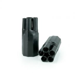 Twee zwarte HLB krimpspruitstukken / broekstukken met lijm, 5 aderig, één staand en één liggend.