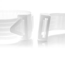 Twee naturel kunststof kabelbinders voor airconditioners, één gebonden en één los, waarvan de kop van kabelbinder is uitvergroot.