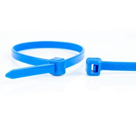 Een blauwe kunststof kabelbinder voor universeel gebruik, en een blauwe kabelbinderkop, op een witte achtergrond.