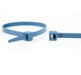 Een blauwe detecteerbare kunststof kabelbinder met metaalpigmenten, en een blauwe detecteerbare kabelbinderkop, op een witte achtergrond.