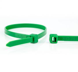 Een groene kunststof kabelbinder voor universeel gebruik, en een groene kabelbinderkop, op een witte achtergrond.