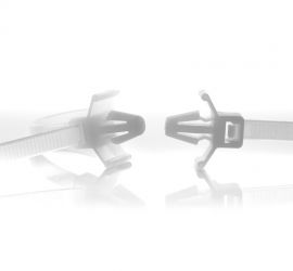 Twee naturel kunststof kabelbinders met spreidanker, type 1. Eén van voren afgebeeld, één van de zijkant afgebeeld.