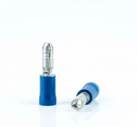 Twee blauwe geïsoleerde rondstekers, mannelijk, zonder huls, één rechtop staand en één liggend, op een witte achtergrond.